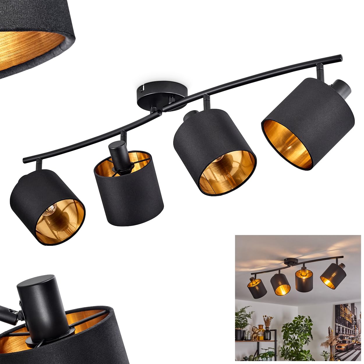 Alsen lámpara de techo, lámpara de techo de metal/tejido en negro/oro, con focos ajustables y brazos de lámpara, spot, 4 x E14, sin bombilla
