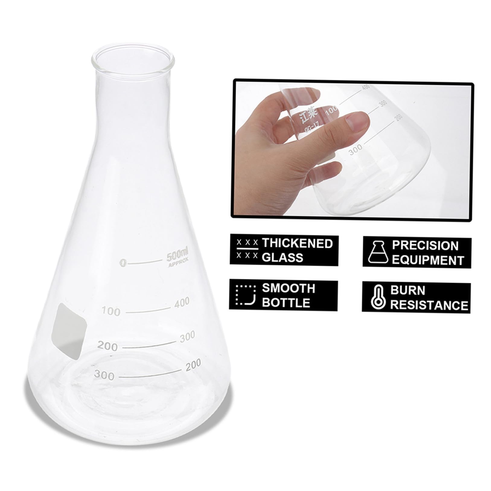 Mipcase Paquete de 4 Matraces Erlenmeyer de Vidrio Capacidad Estándar, Escala Clara y Diseño Cónico para Experimentos en Clase de Química