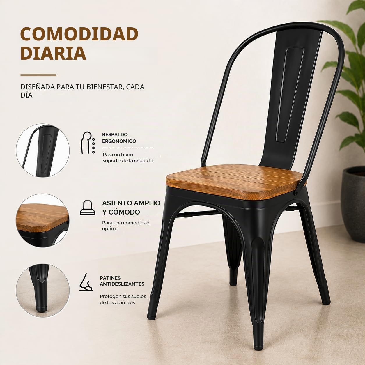 Kosmi - Juego de 4 sillas de Metal Negro y Madera Clara Asiento de fábrica de Estilo Industrial de Metal Negro Mate y Madera Clara