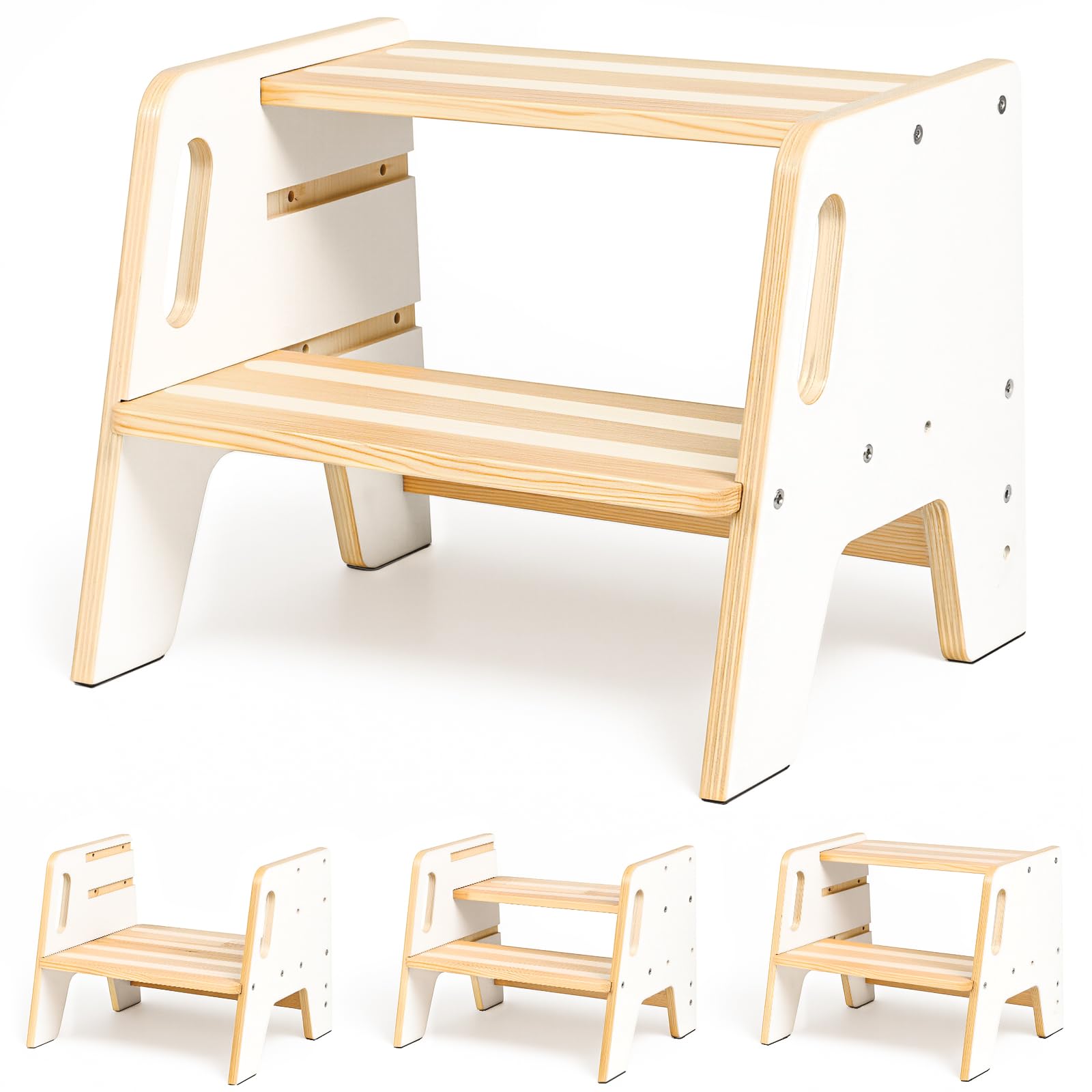 WINGYZ Tritthocker Kinder 2 Stufen aus Holz Zweistufiger Hocker mit 3 verstellbaren Höhen, 2 Griffen & Anti-Rutsch Pads, tragbar Kinderhocker für Badezimmer, Küche & Waschbecken ab 2 Jahren(Weiß)