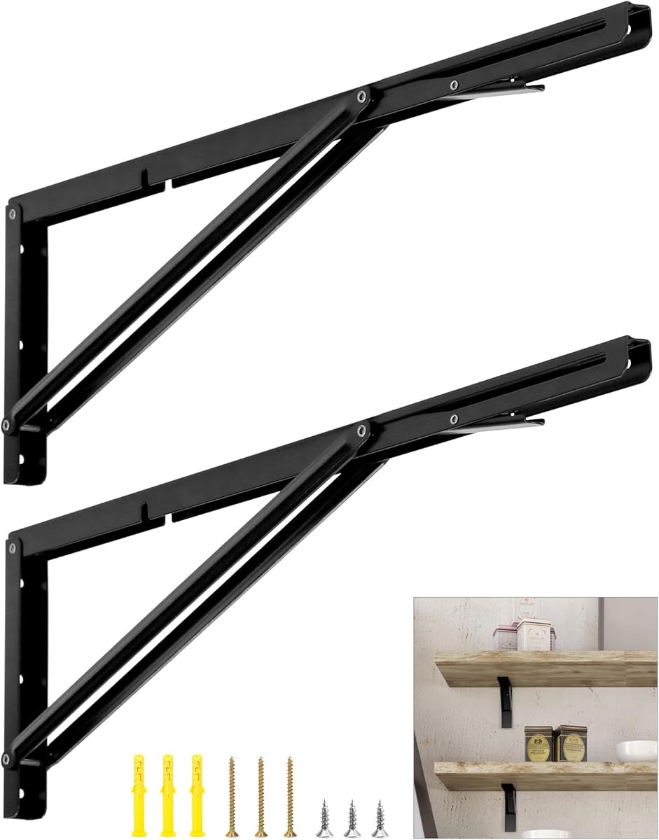 QWORK 24" Heavy Duty Folding Shelf Brackets for Wall Mounted Folding Tables Benches Shelves, Max Load 330lbs, 2 Pack Iron Bracket with Black Finish