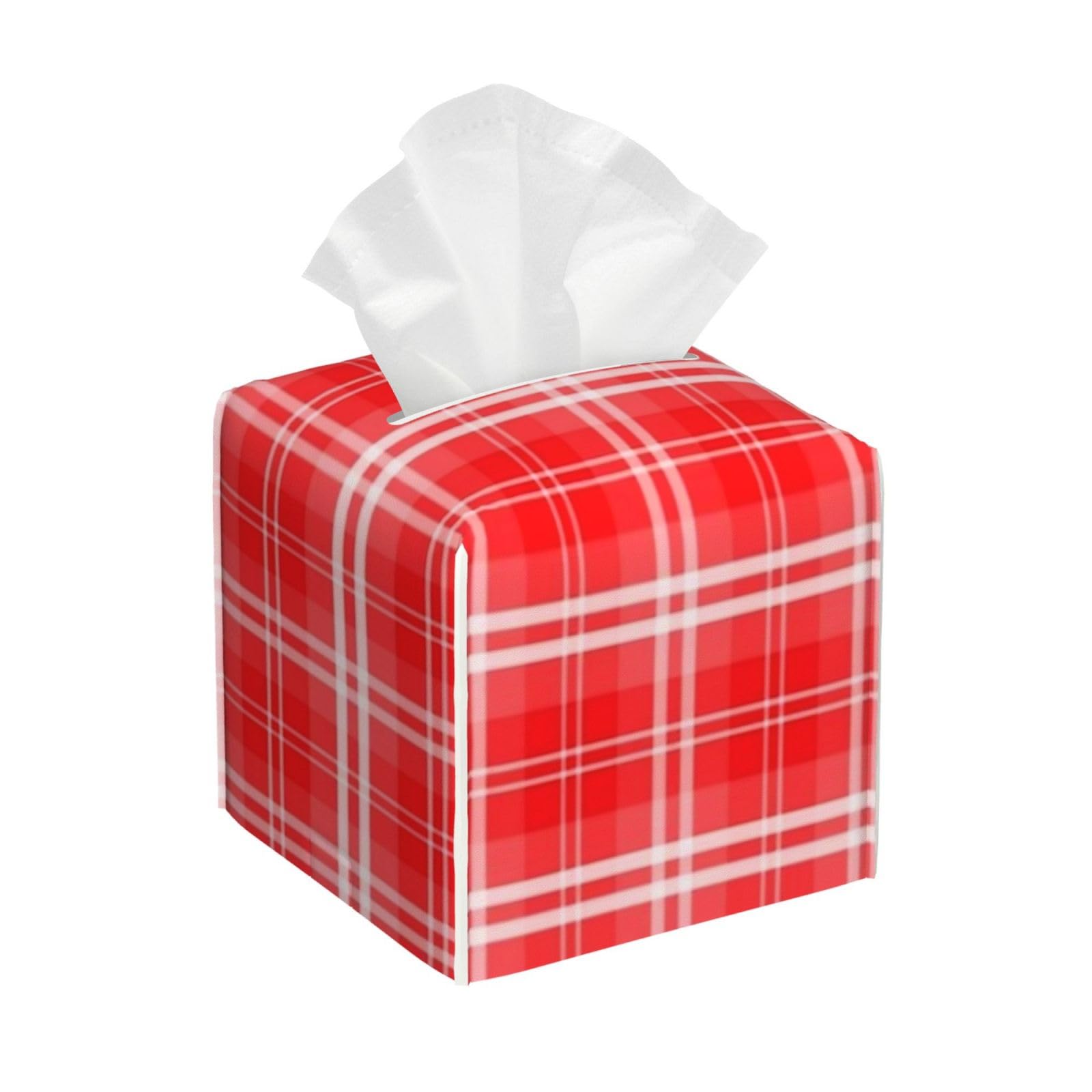 Christmas Red Tartan Plaid Check Tissue Box Cover 5" Square Leather Tissue Holder Facial Tissue Case for Tabletop Bedroom Bathroom Desk Decor