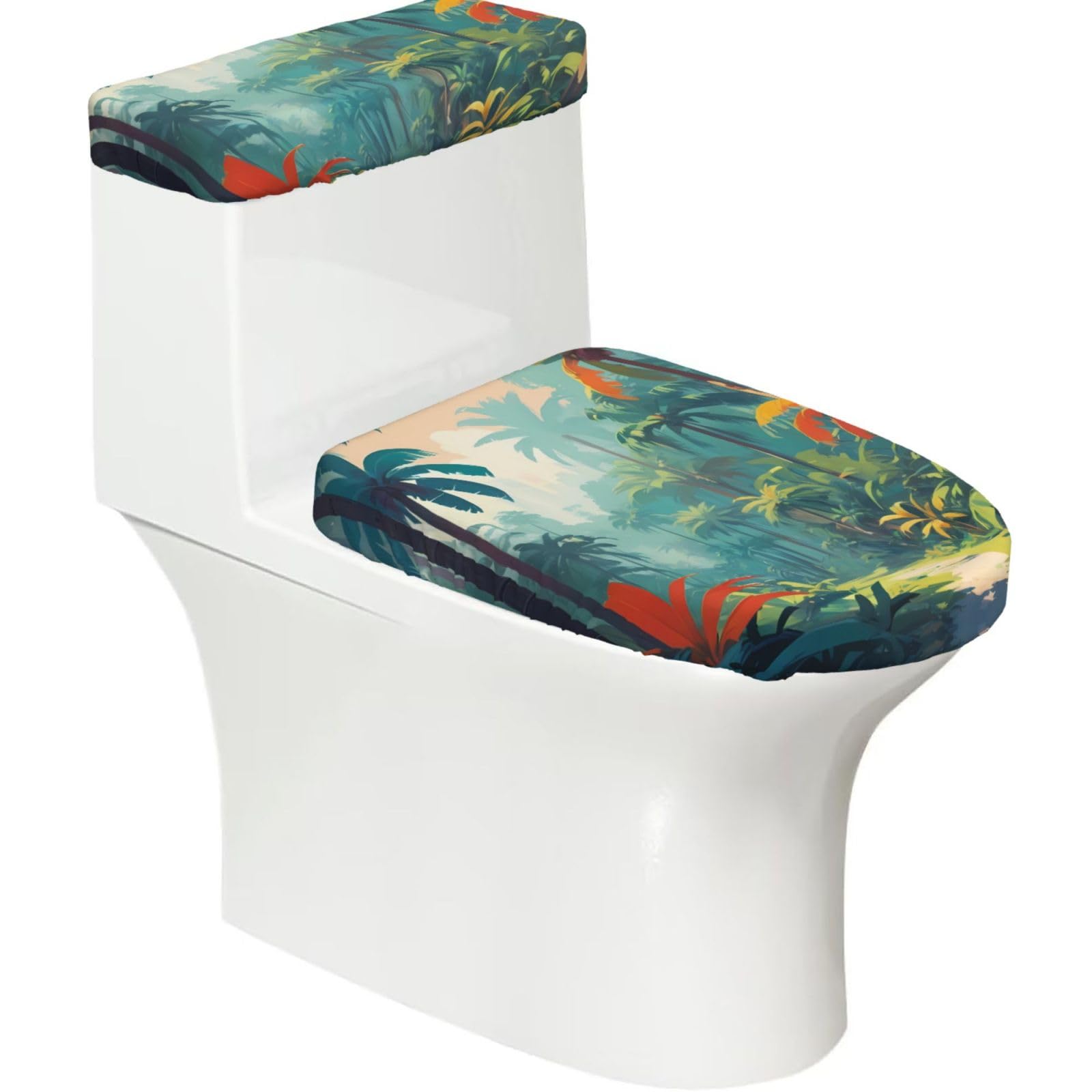 Wzycwb Black Retro Palm Jungle 2-Piece Toilet Seat Cover Set With Tank Lid, Elastic Fit For U-Shape & Elongated Toilets, Bathroom Decor, Housewarming Gift