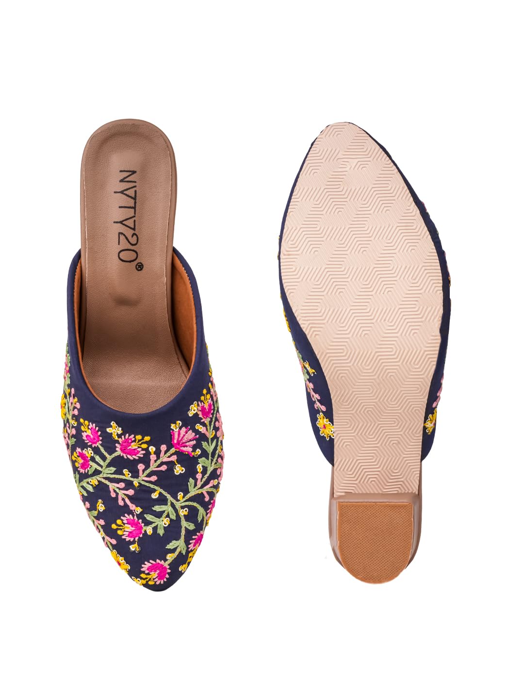Women's Floral Embroidered Mules, Ethnic Multi Colour Thread Work, Pointed Toe Slip-On, Traditional Jutti Style Low Block Heel-image-48