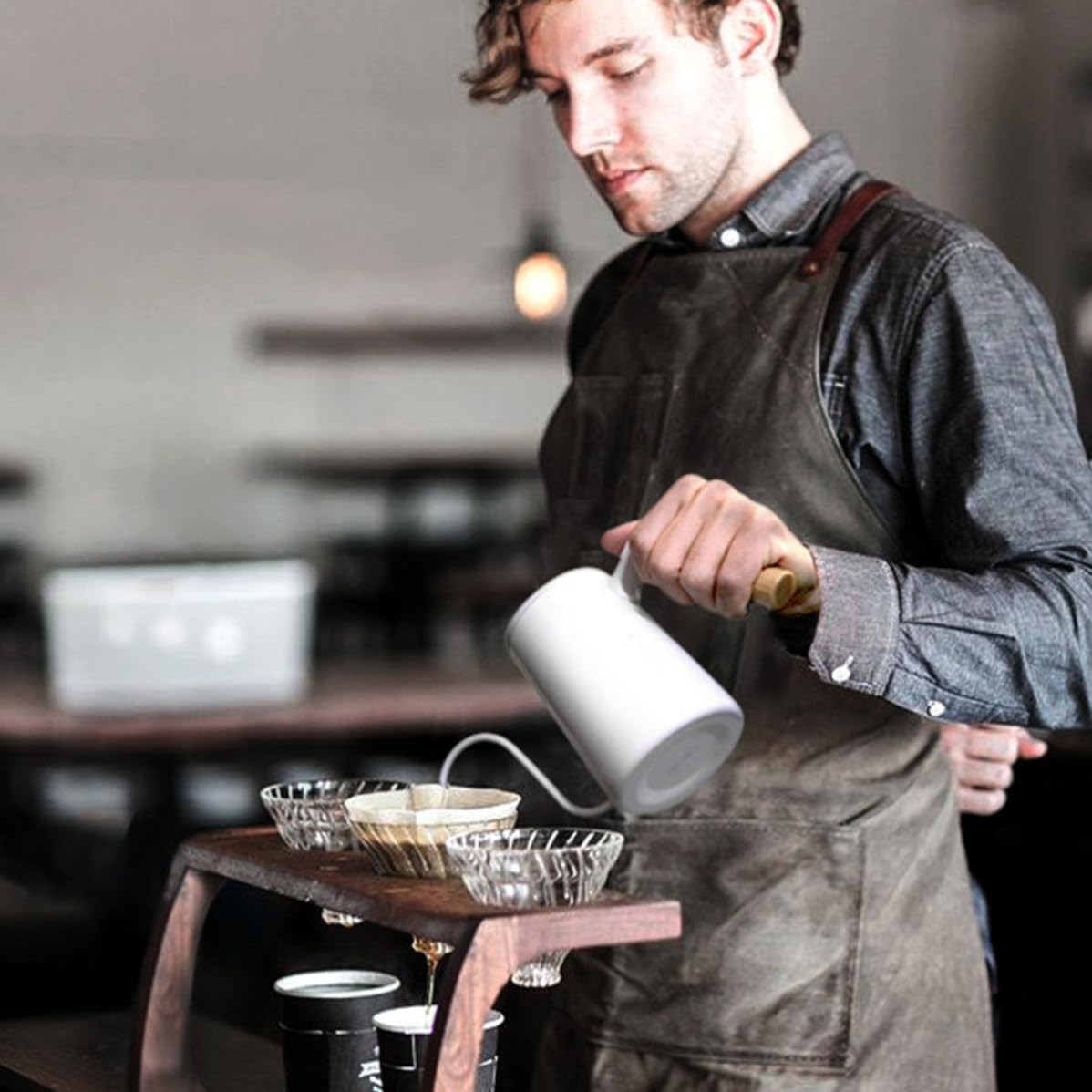 Ciieeo Bollitore in Legno Massello per Acciaio Inossidabile da 600ml per Caffè e Beccuccio lungo Stretto Manico Ergonomico Casa e Ufficio