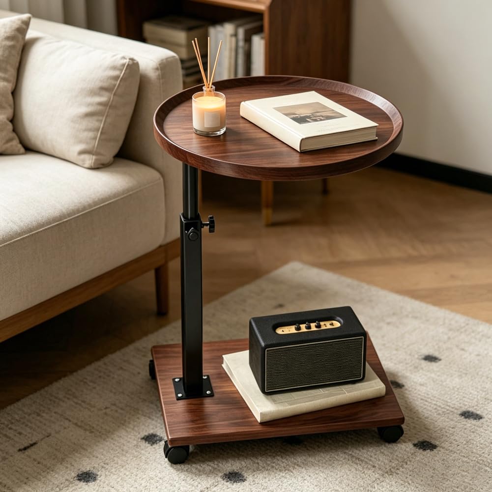 Mesa auxiliar giratoria de 360 grados, mesa auxiliar con ruedas, altura ajustable 45 – 80 cm, mesa de sofá en forma de C, mesa de centro redonda pequeña para sofá, cama y oficina en casa