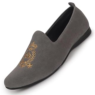 FAUSTO FST FOSMC-2021 Dark GREY-41 Men Dark Grey Embroidered Slip-On Loafers | Royal Ethnic Party Shoes | Ethnic Juttis and Mojaris for Wedding Cushioned Insole (7 UK)