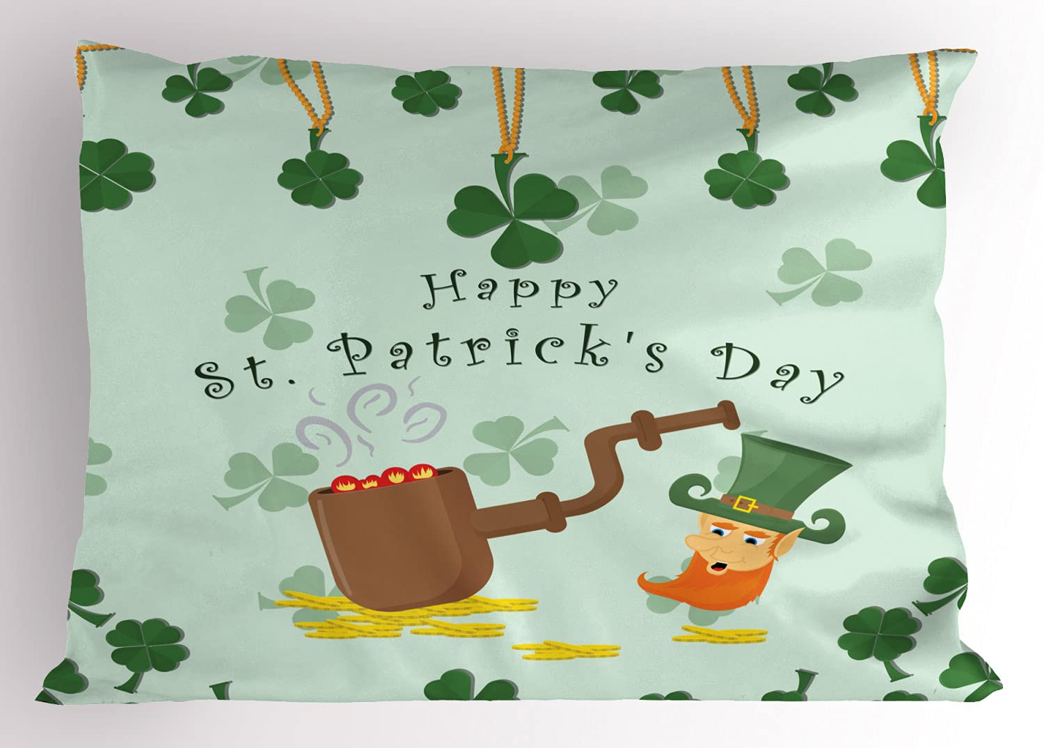 Lunarable St Patrick's Day Pillow Sham Set of 2, Irish Lucky Items Cartoon Clover Leprechaun, Quality Microfiber Bedding Item for All Seasons, 36