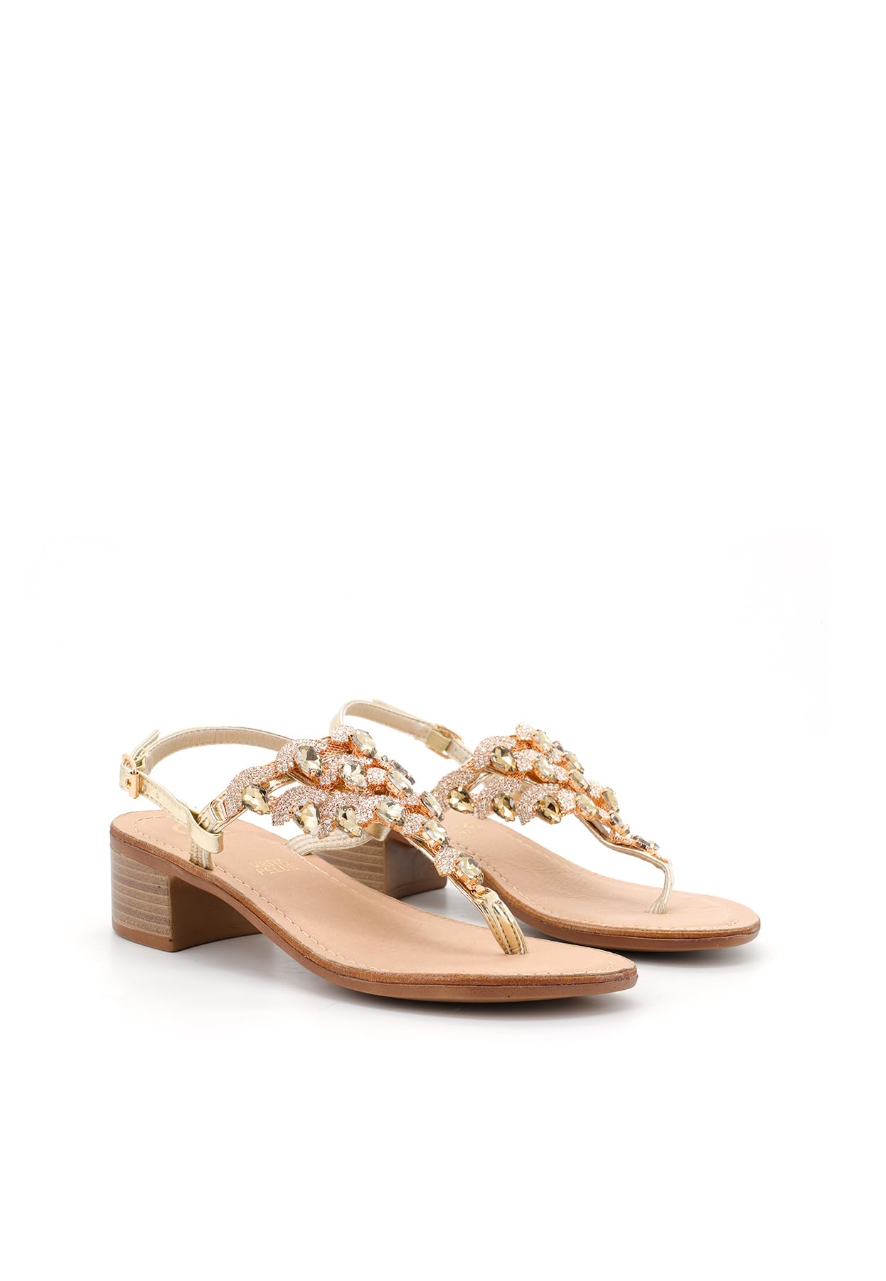 QUEEN HELENA Sandali Gioiello Infradito con Tacco Basso con Strass Eleganti Donna Y6024 (Oro, Sistema Taglie Calzature EU, Adulto, Donna, Numero, Media, 36)
