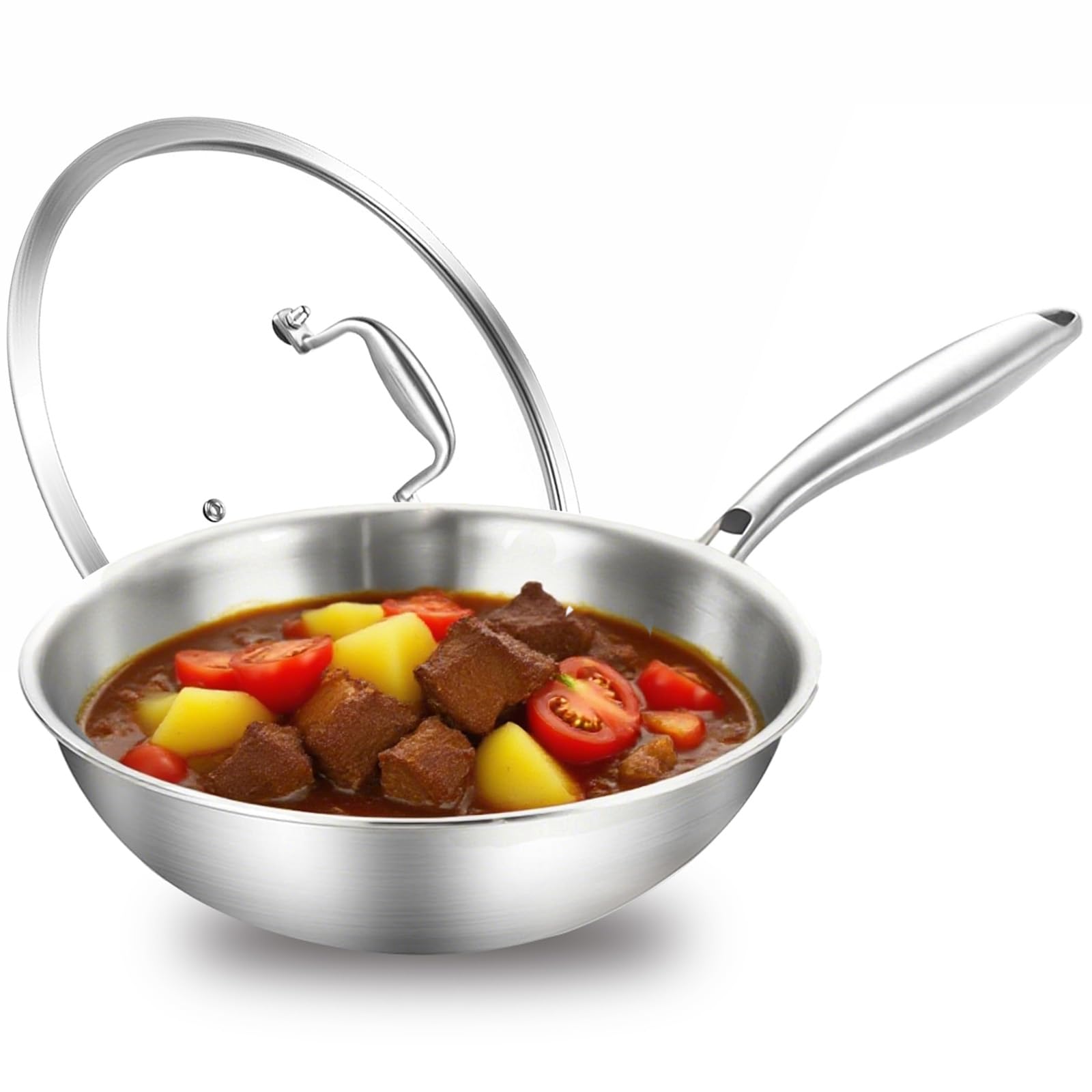 DELARLOCHEF Edelstahl Wokpfannen: Unbeschichtet Pfanne Deckel,752°F(400℃) Backofensicher,Induktion, Gasherd,Hoher Rand,Abnehmbare Griff