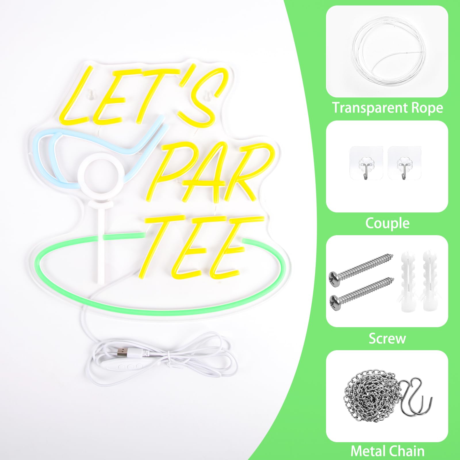 Neonowy znak golfowy Let's Par Tee, dekoracja ścienna, ściemniana, zasilana przez USB, LED, do klubu golfowego, sportu, na siłownię, do baru, biura, sypialni, męskiej jaskini, na imprezę, prezenty
