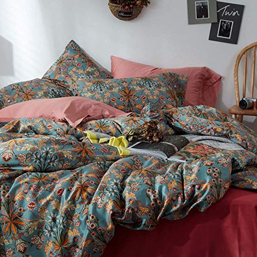 VM VOUGEMARKET Gold Green Flower Duvet Cover Full,Medallion Print Bedding Set Percale Cotton Vibrant Bohemian Pattern Quit Cover with Zipper Closure