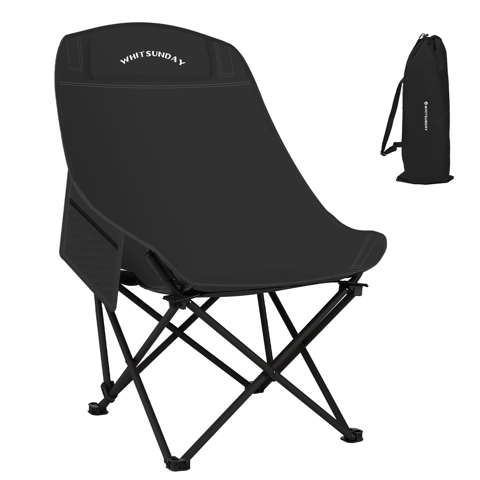 Whitsunday Camping Chair,Compact Backpacking Outdoor Chair,High Back Portable Folding Moon Chair for Heavy People,Beach Chair with Side Pocket-Black