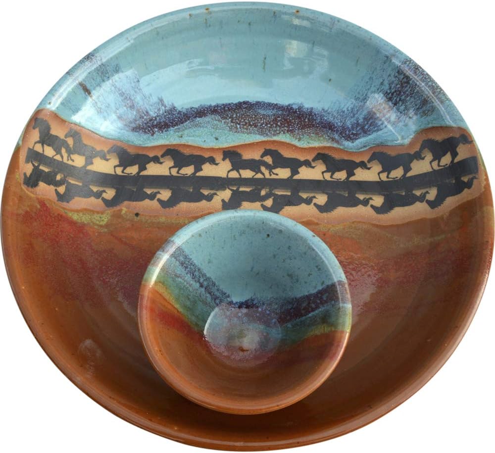 ALWAYS AZUL POTTERY Chip and Dip in Horse Reflection Design & Indian Summer Glaze - Handmade Ceramic Serving Platter & Dipping Bowl - Traditional Stoneware - Serving Dishes for Snacks & Appetizers