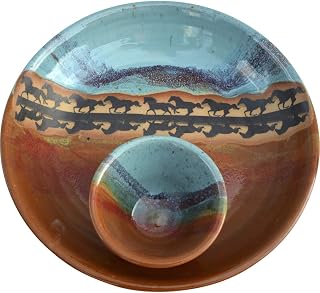 ALWAYS AZUL POTTERY Chip and Dip in Horse Reflection Design & Indian Summer Glaze - Handmade Ceramic Serving Platter & Dipping Bowl - Traditional Stoneware - Serving Dishes for Snacks & Appetizers