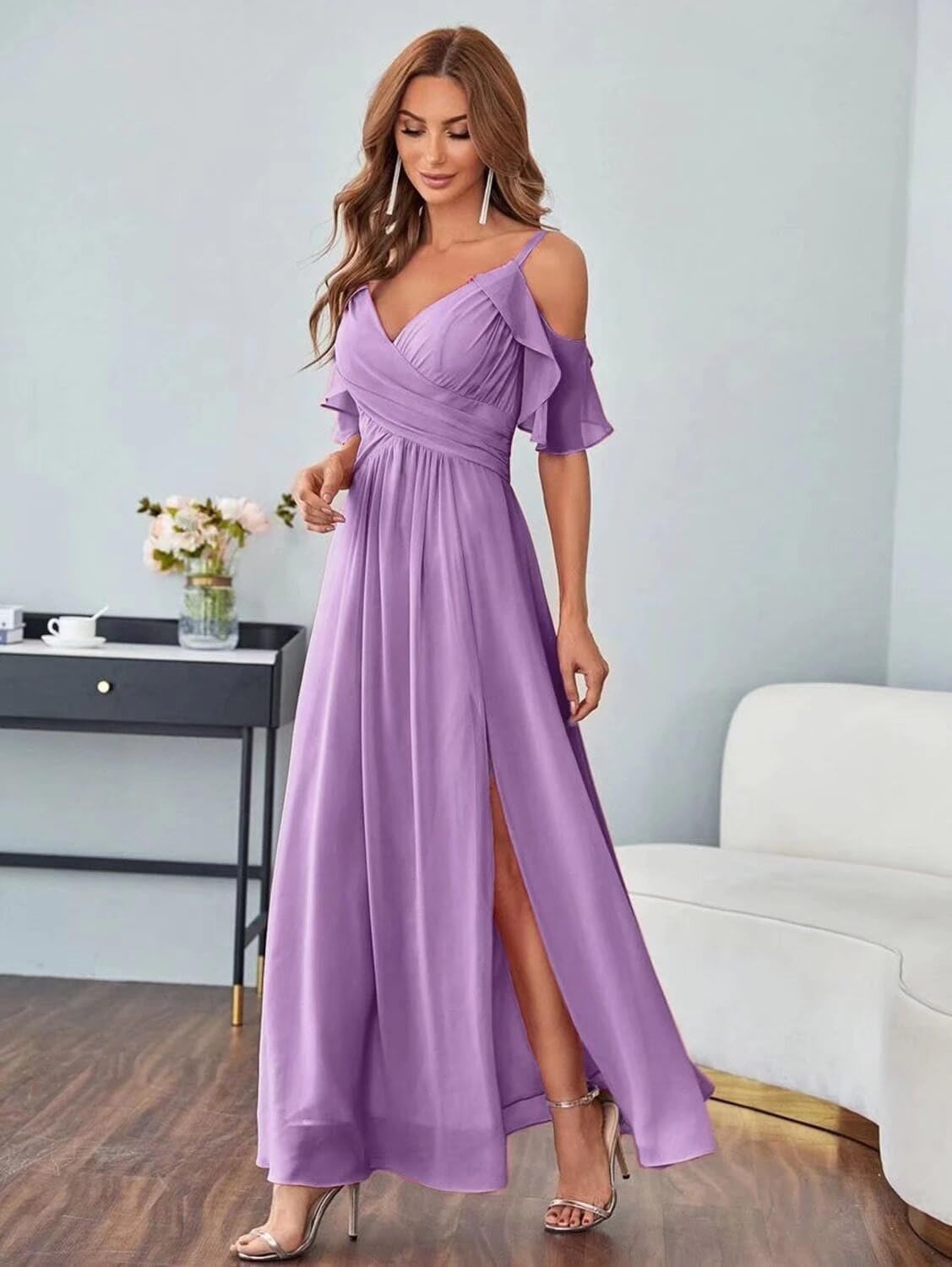 Smileven Women's Cold Shoulder Bridesmaid Dresses Long Chiffon V-Neck Formal Party Gowns