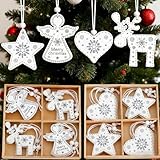 DAHI 2 Scatole Decorazioni Natalizie in Legno Bianche, 24pz Ciondoli in legno, Stella Renna Cuore Angeli, da Appendere, Decorazioni per albero di Natale (Bianco grigio A)