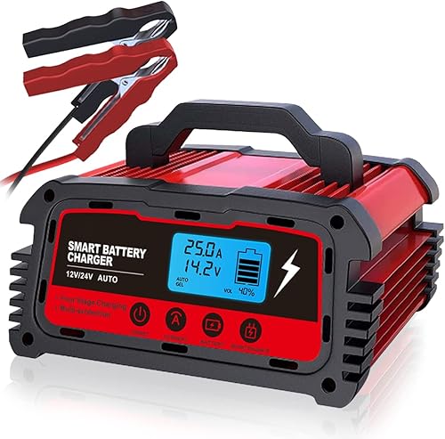 LVYUAN Cargador de batería inteligente de 25 A, cargador automotriz de 12 V (51025 A) y 24 V (510 A), mantenedor de batería con pantalla LCD,