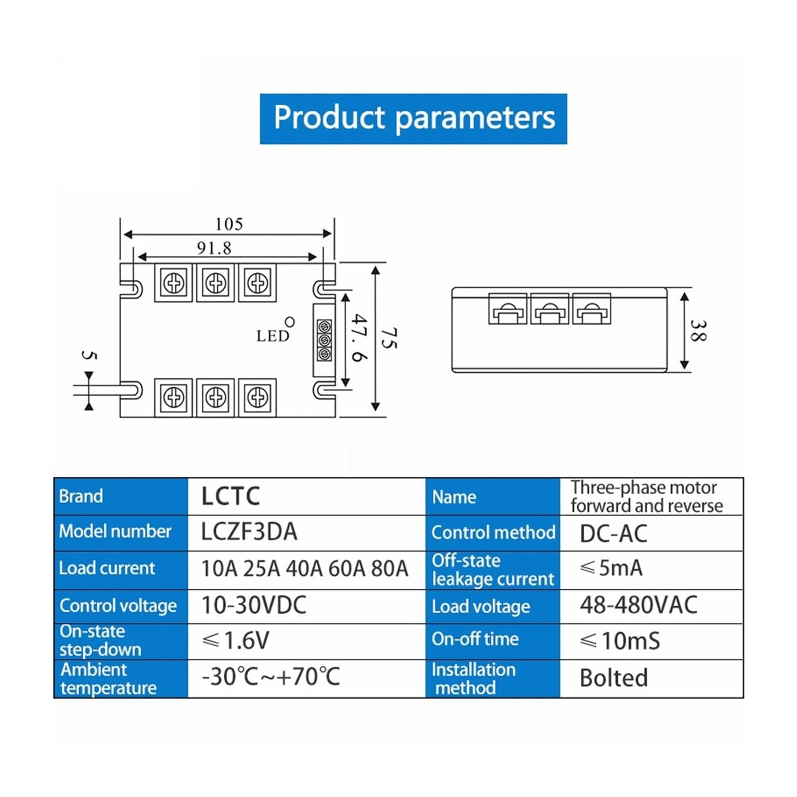 Relé trifásico de Estado sólido, Control Directo e inverso, estátor Motor CC 10A 25A 40A 60A 80A 10-30VDC 40-480VAC DA(10A)