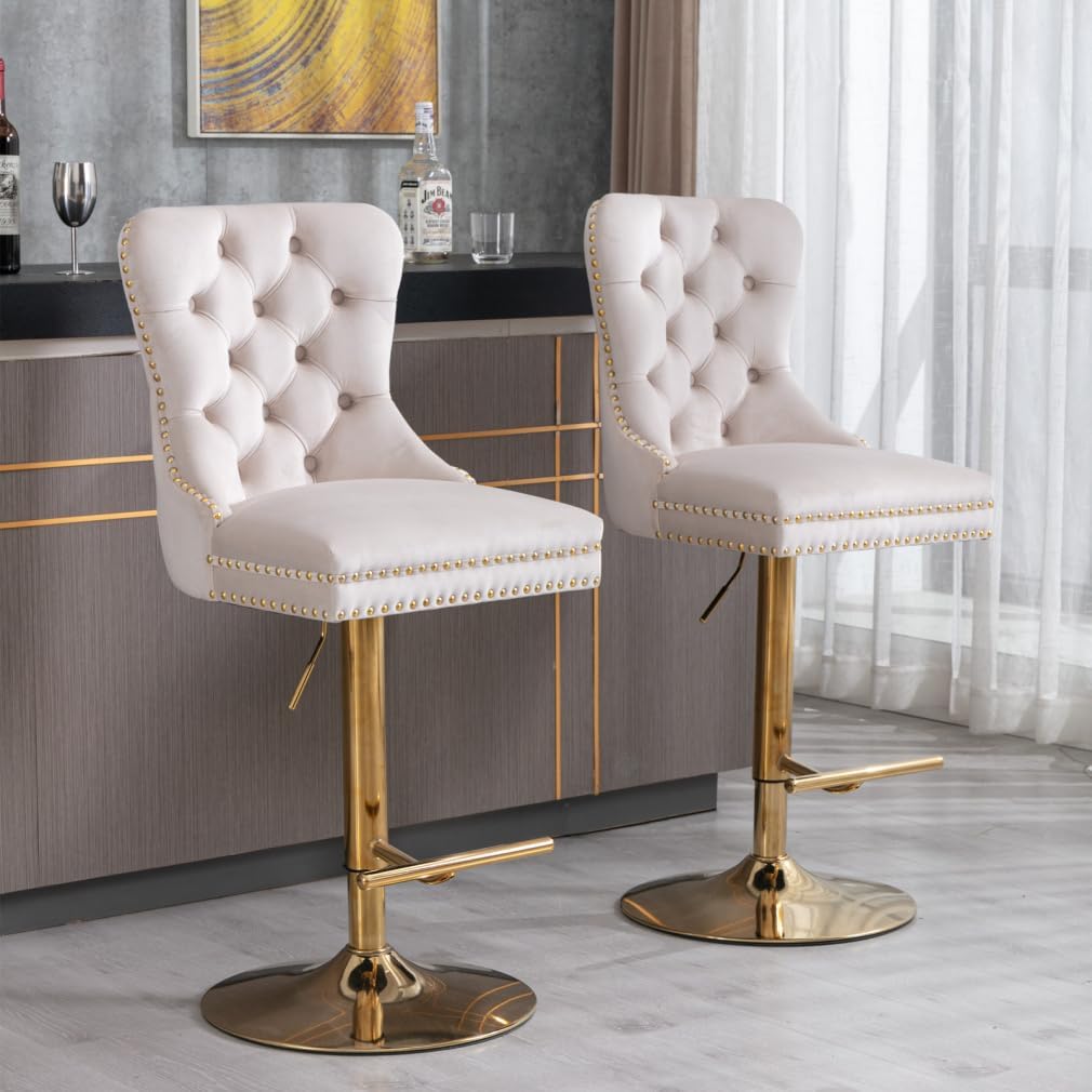 Swivel Bar Stools Set of 2, Velvet Upholstered Barstools Adjusatble Seat Height from 27-35 Inch, Bar Stools with Backrest for Home Pub and Kitchen Island, Beige+Gold