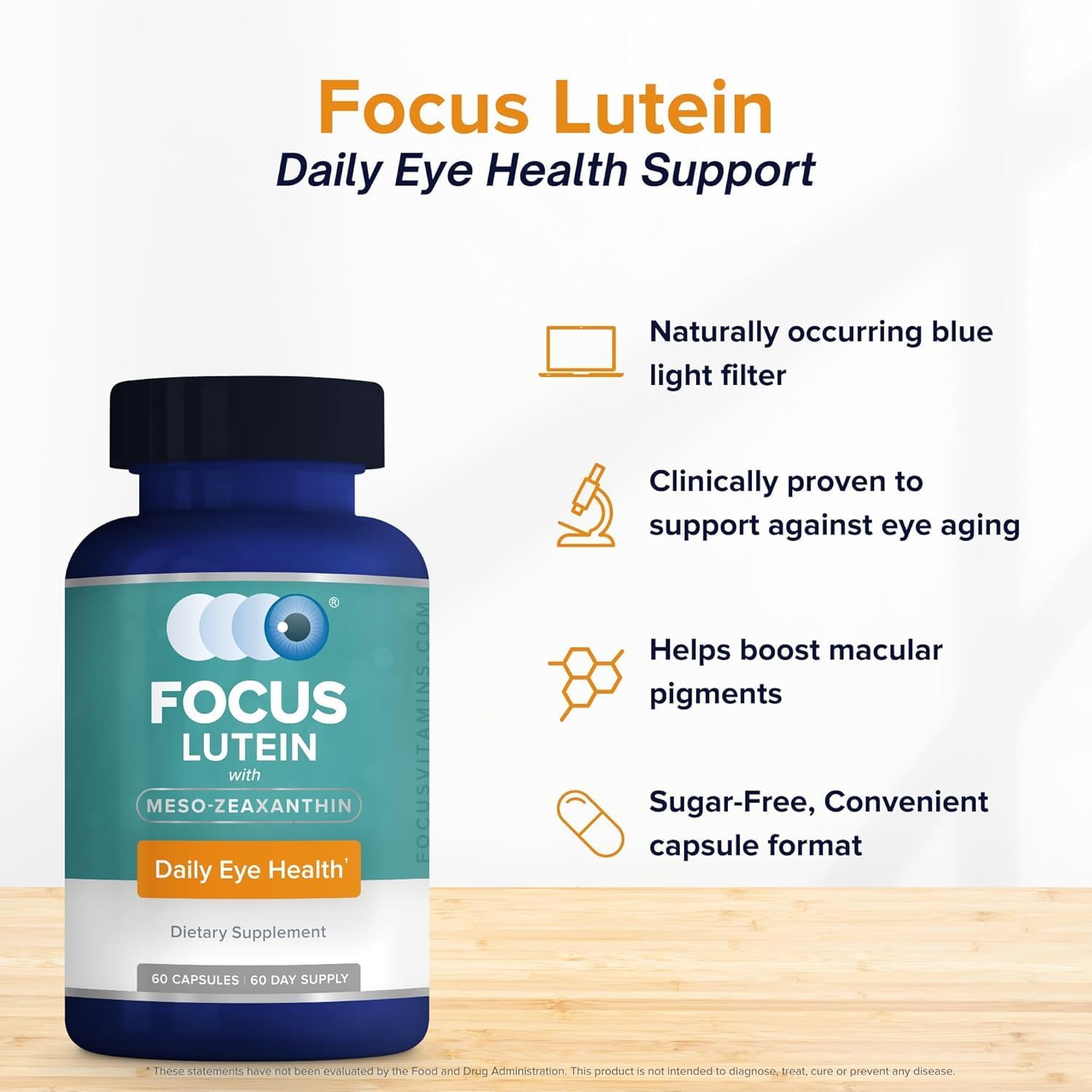 Focus Lutein for Eyes with Meso-Zeaxanthin, Eye Vitamin Supplement, 120 Count, 120 Day Supply, Daily Vision Support for Digital Screens, Bright Lights, Sunlight, Vegan and Sugar-Free, Made in USA