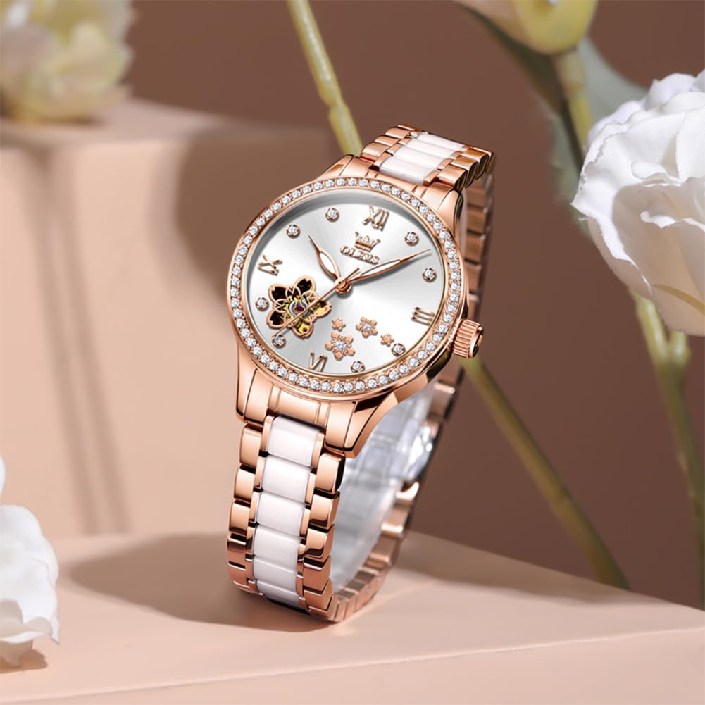 OLEVS Orologio automatico da donna in acciaio inossidabile con diamante a carica automatica, orologio luminoso e impermeabile