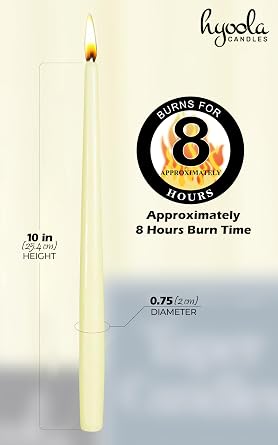 Hyoola Tall Taper Candles - 10 Inch Ivory Dripless, Unscented Dinner, Paraffin Wax with Cotton Wicks - 8 Hour Burn Time (Pack of 12)