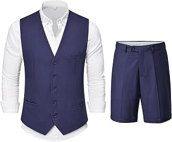YND 2-Piece Mens Linen Waistcoat Shorts, Lightweight Vest Pants, Casual Wedding Beach Summer Prom Homecoming Outfit