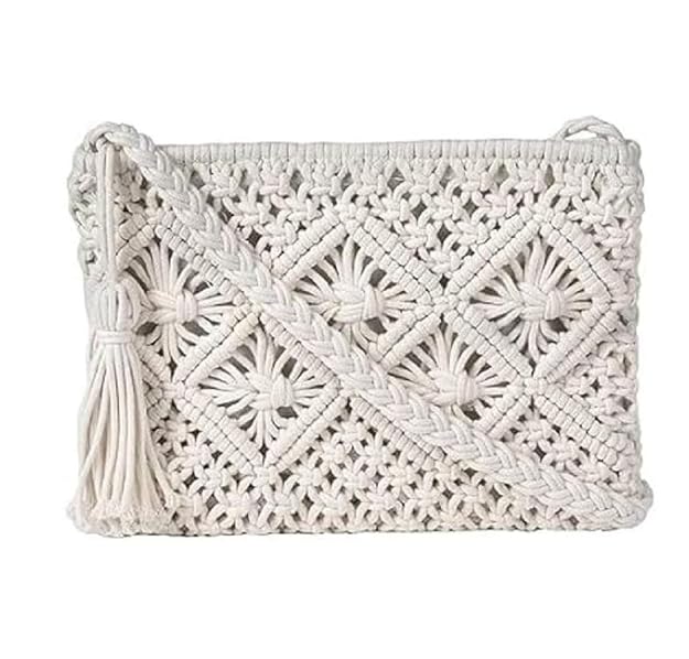 Women's Handmade Macrame Crossbody Sling Bag Tote Bags Beautiful & Fancy Ladies Purse For Girls Gift Women's Mobile Pouch Friends Birthday Marriage Party and Events, Off-White,1- Piece