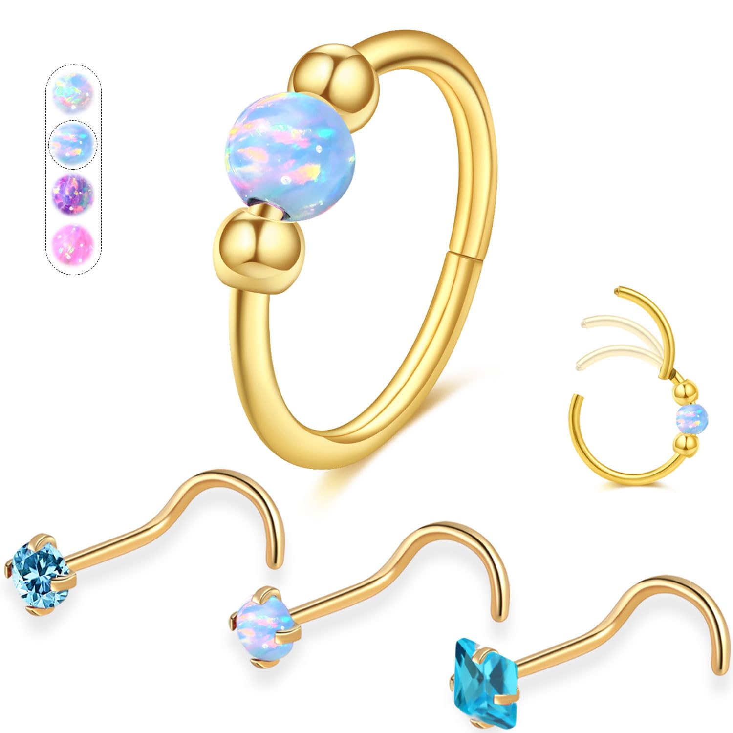 Opal Nose Ring Studs Horseshoe Nose Rings Hoops Stud 316L Stainless Steel Nose Rings Round CZ Square Screw L Shaped Nose Stud Hypoallergenic Nostril Piercing Jewelry for Women Men