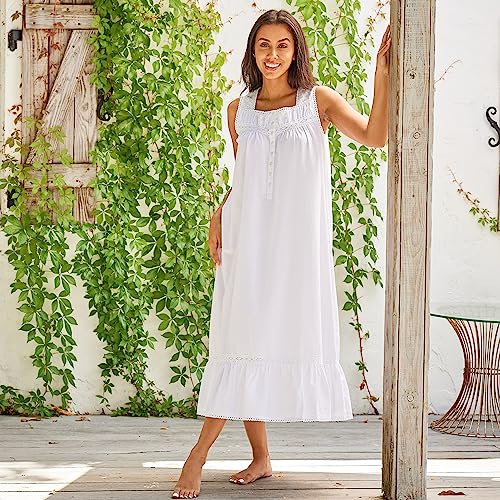 Image of Alexander Del Rossa Cotton Nightgowns for Women, Victorian Nightgown, Ladies Vintage Cotton Sleeveless