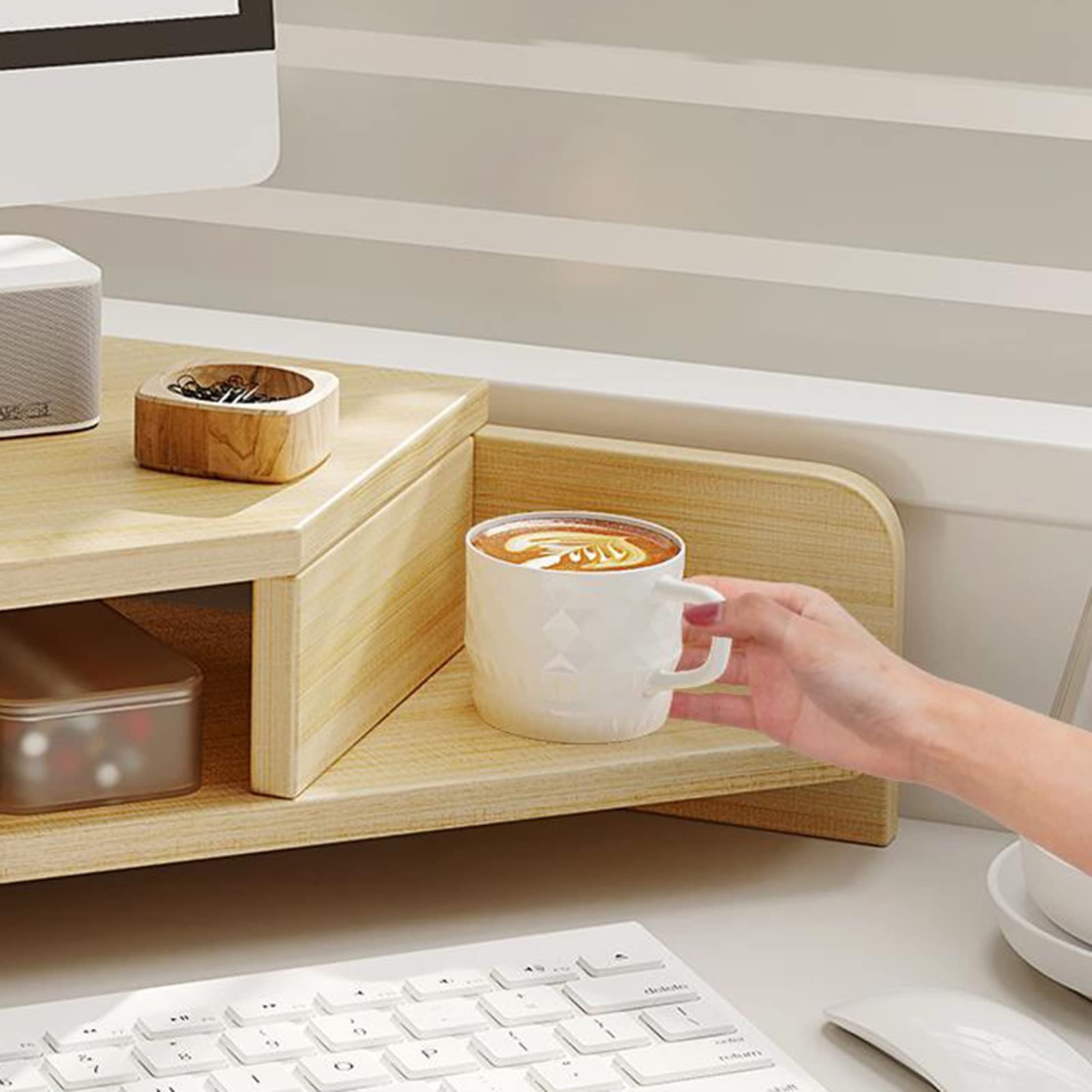 Support d'angle pour moniteur, double couche en bois pour bureau en forme de L, support d'angle pour ordinateur portable avec fentes pour économiser de l'espace