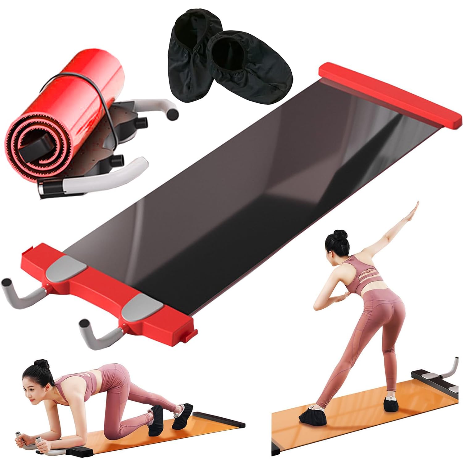 Slide Board for Workout - 2-IN-1 Sliding Mat with Abdominal Exercise Equipment & Shoe Cover, Super Smooth Balance Board for Toning Legs, Glutes, & Core Muscles