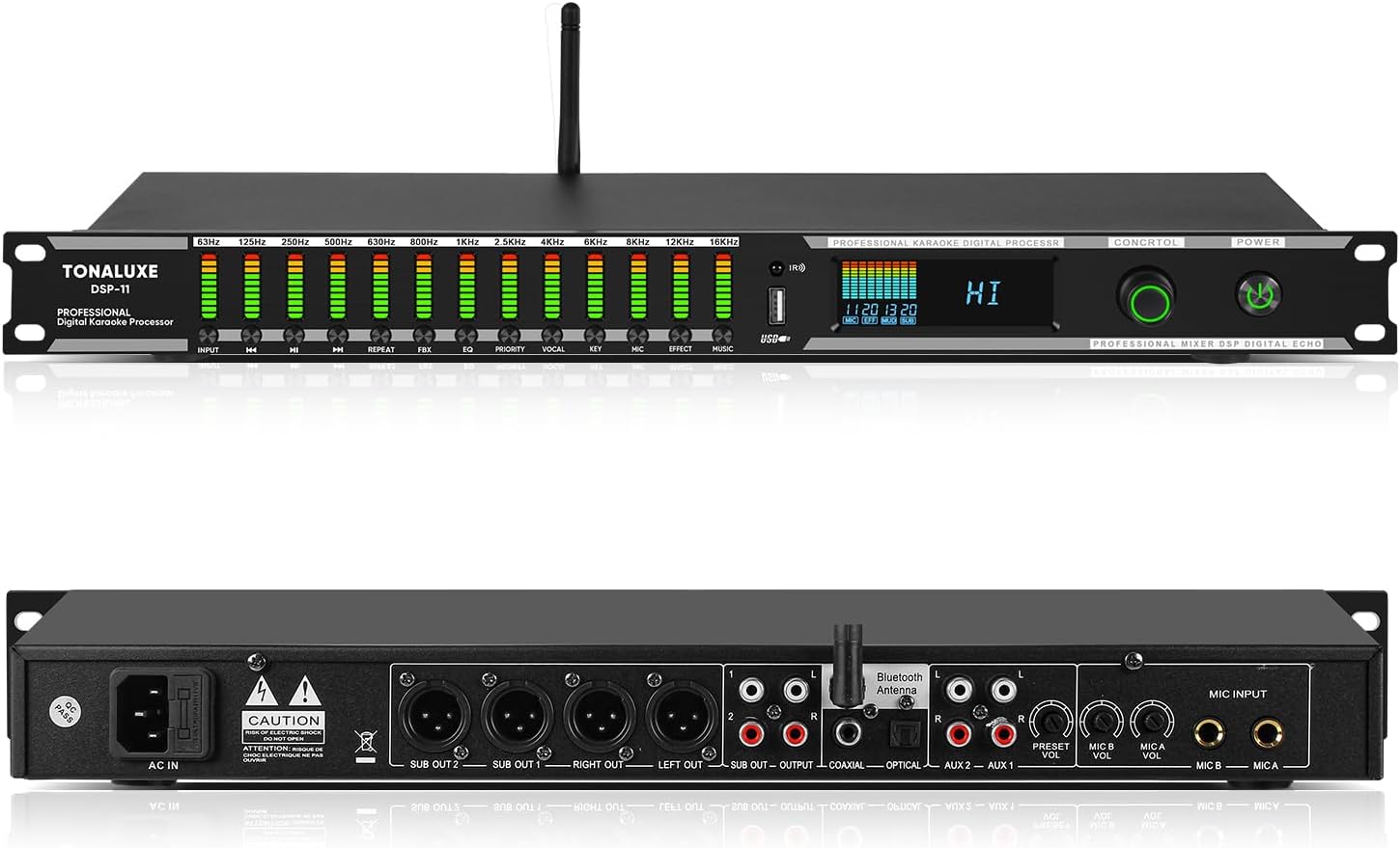 Digital Karaoke Mixer Audio Processor System with DSP, Professional Pre-Stage Effector Vocal Effects Preamp KTV Equalizer, Anti-Howling Microphone Sound Processor w/USB Bluetooth Optical Audio Input