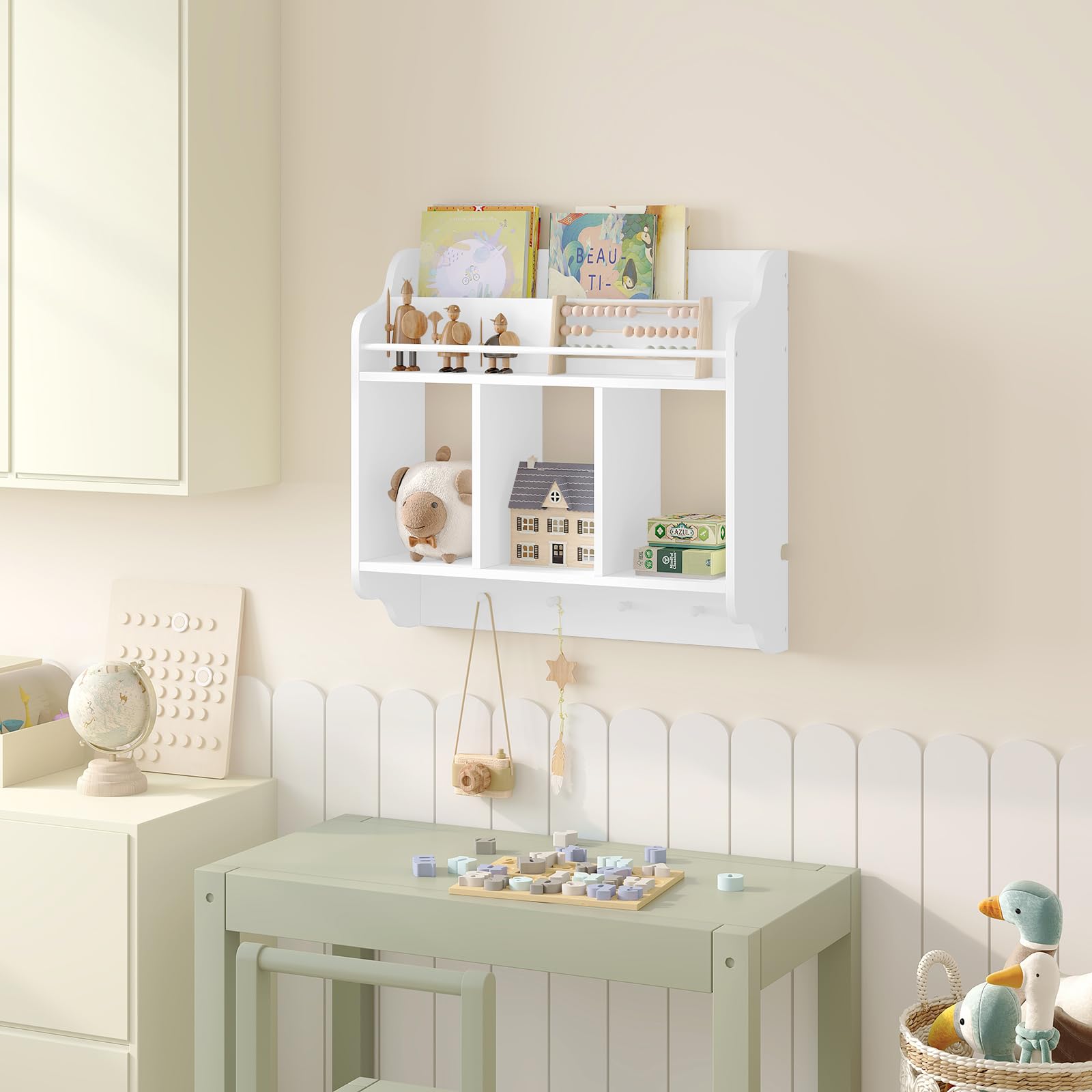 WOLTU Étagère Murale Enfant, Bibliothèque Murale, Bibliothèque Enfant, Étagère Livre Enfant avec 3 Compartiments Ouverts, 2 Étagères, 4 Crochets, en MDF et Bois Massif, Blanc