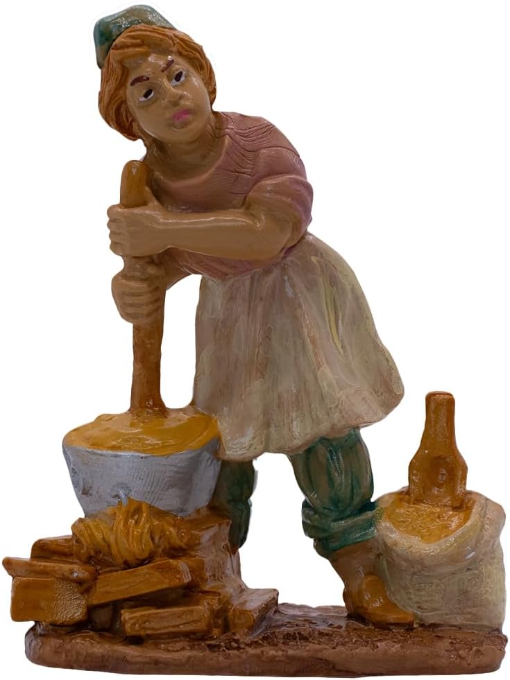 VILLAGE GIFT IMPORTERS Nativity Villager Stirring a Cooking Pot Over a Fire | Bethlehem Character for Christmas Creche Scene | 4" Figurine | Beautiful Religious Holiday Decoration for Home