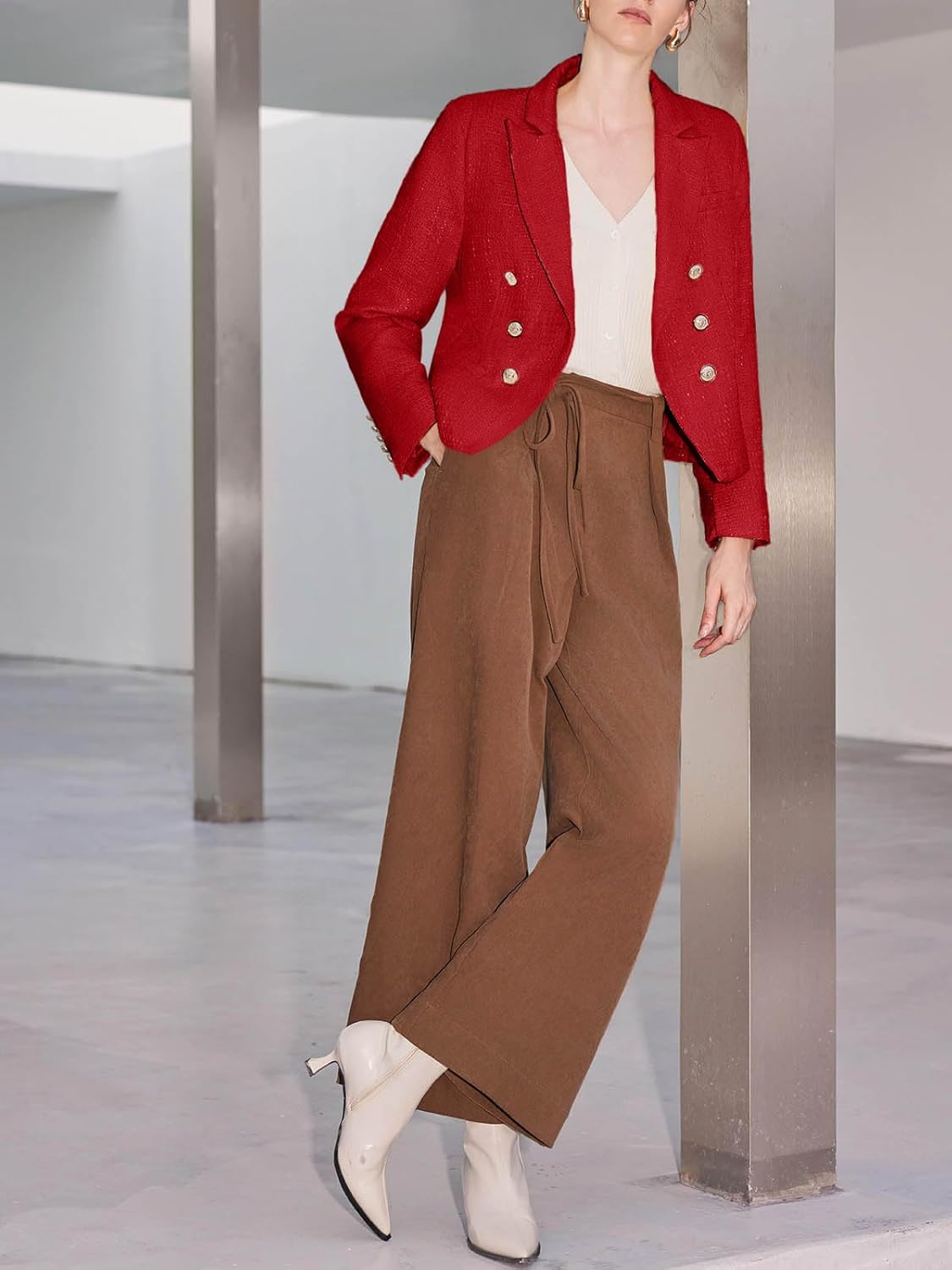 Cicy Bell Women Cropped Tweed Blazer Jackets Lapel Open Front Long Sleeve Business Suit Jackets with Pocket - Image 5