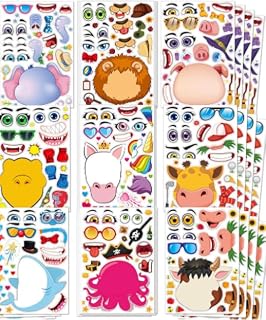 Mocoosy 36PCS Make An Animal Face Stickers for Kids, 10''×6.7'' Make Your Own Sticker Sheets for Toddlers, Animal Party Favors Mix and Match Decals DIY Paper Craft Game Activities Party Supplies