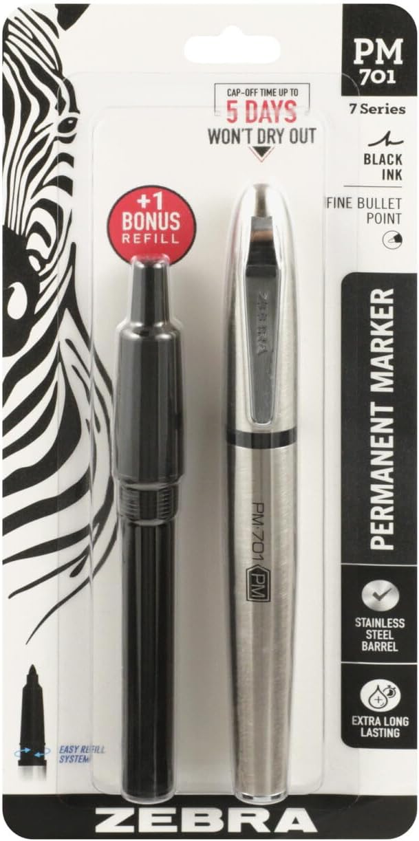 Zebra Pen, PM-701 Permanent Marker, Fine Bullet Point, Black Ink, Stainless Steel Barrel, Refillable, Includes 1 Refill, Cap Off Time of 120 Hours, 1-Pack (65211)
