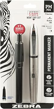 Zebra Pen, PM-701 Permanent Marker, Fine Bullet Point, Black Ink, Stainless Steel Barrel, Refillable, Includes 1 Refill, Cap Off Time of 120 Hours, 1-Pack 65211