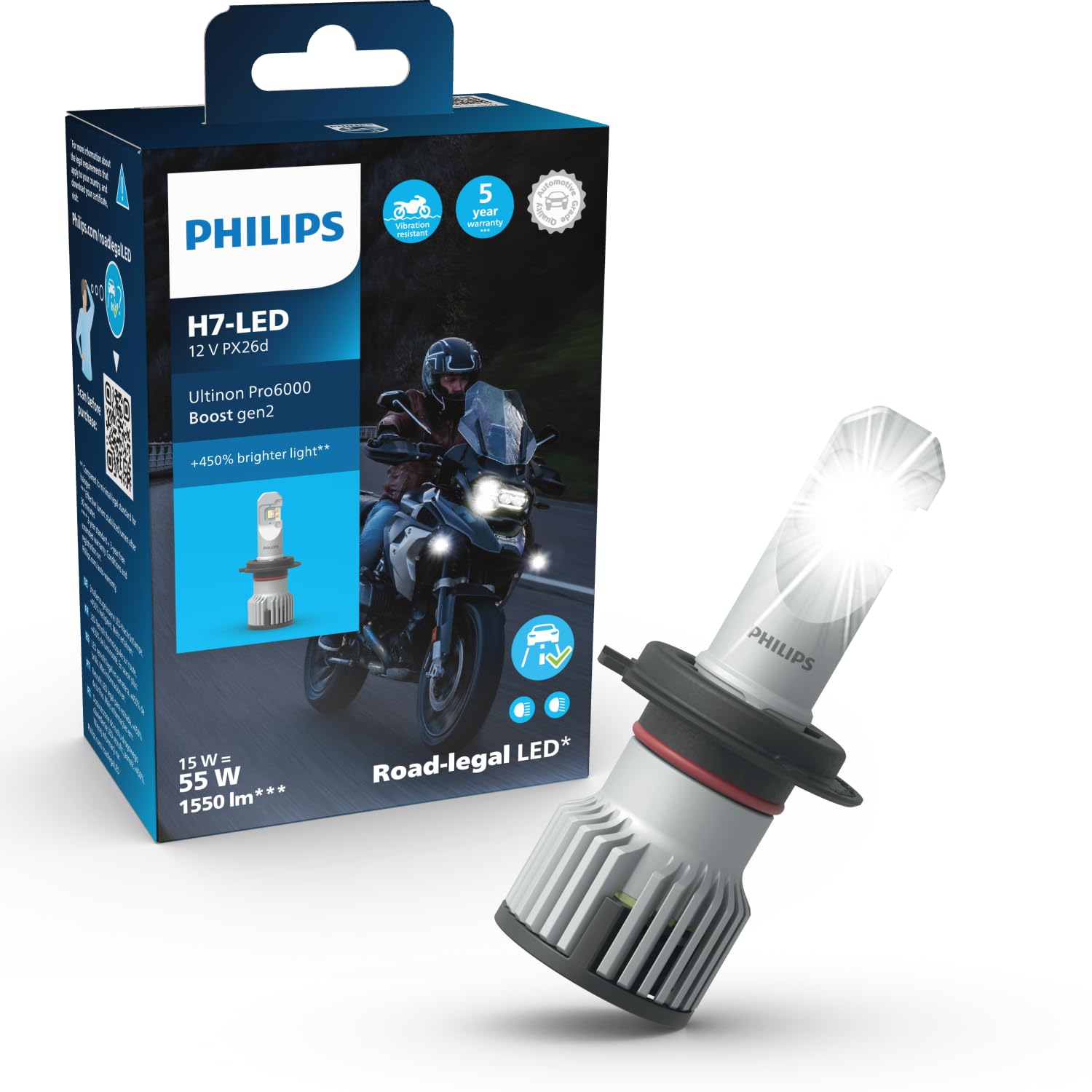 Philips Ultinon Pro6000 Boost gen2 H7-LED Moto, Scheinwerferlampe mit Straßenzulassung für Motorräder*, +450% helleres Licht**