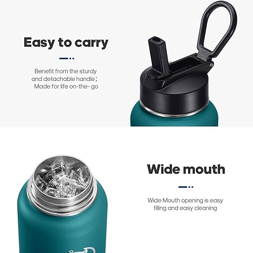 Miniatura 4 de Botellas de agua aisladas de 32 onzas  25 onzas con 2 tapas a prueba de fugas (tapa de boquilla y tapa de pajilla), botella de agua deportiva de