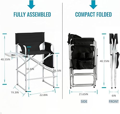 Miniatura 3 de Silla de director plegable de 41 pulgadas de alto con reposapiés, mesa auxiliar y portavasos, portátil para campamento, pesca, estudios de
