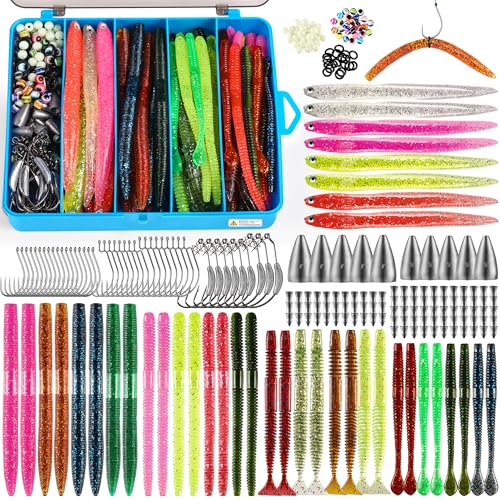 PLUSINNO Fishing Lures, 220PCS Bass Fishing Kit with Wacky Worm, Soft Plastic Baits, Fishing Hooks, Weights & Accessories, Wacky Rig Kit Fishing Gear Gifts for Men with Tackle Box