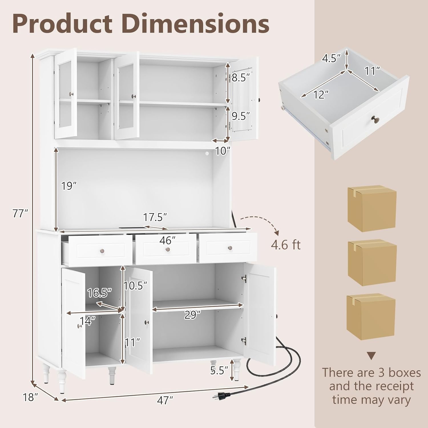 LOKO 77” Kitchen Tall Pantry Cabinet, Modern Storage Cabinet with Charging Station, Freestanding Cupboard with 4 Adjustable Shelves, 3 Drawers & Tempered Glass Doors, for Dining Room