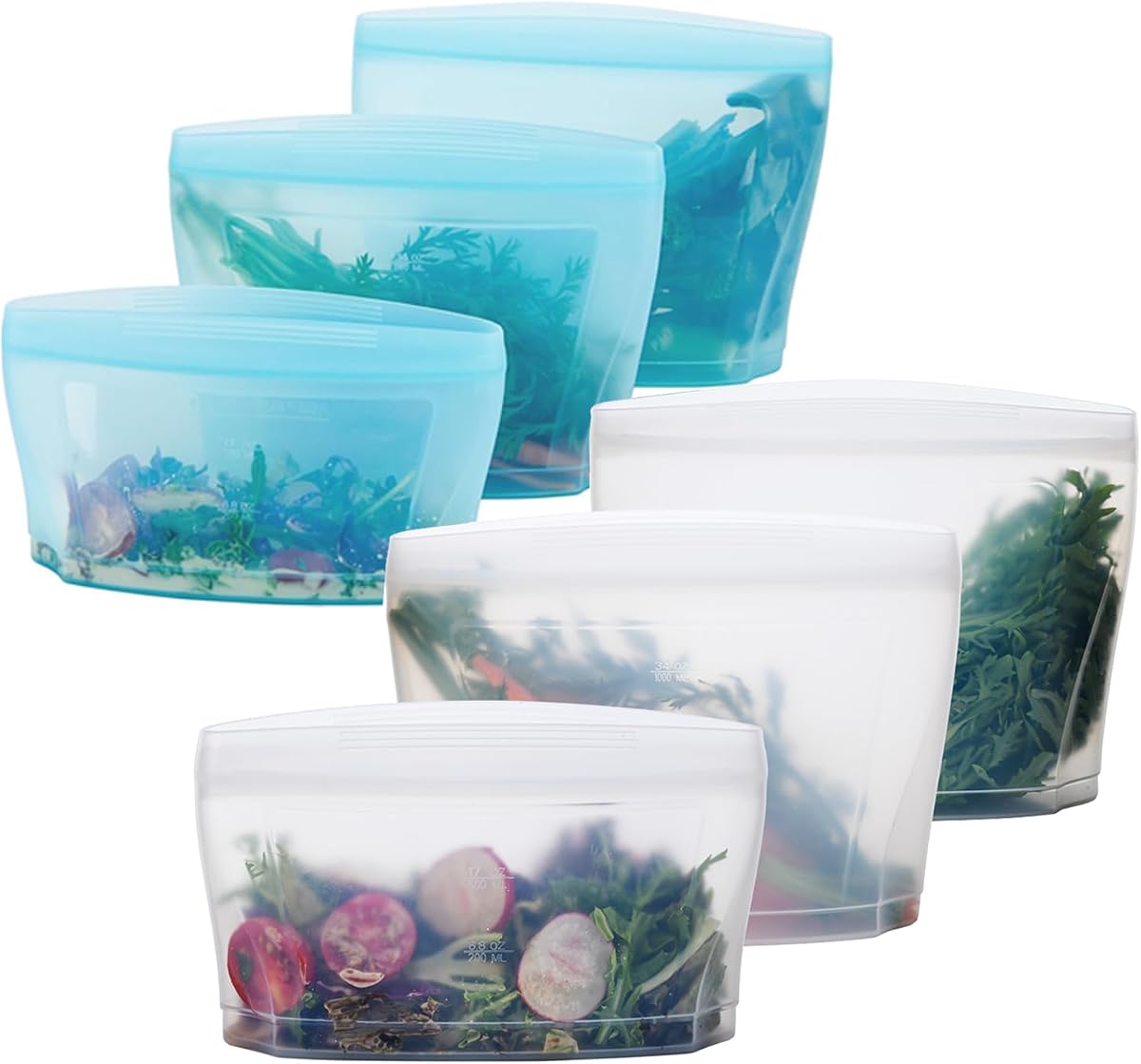 Bolsa de almacenamiento de alimentos de silicona reutilizable de pie con cremallera, contenedor de almacenamiento de alimentos de pie, bolsa de sello con cremallera reutilizable, no se requiere tapa, para almacenamiento de alimentos y preparación de comidas, horno congelador, lavavajillas - Seguro, juego de 6 tazones