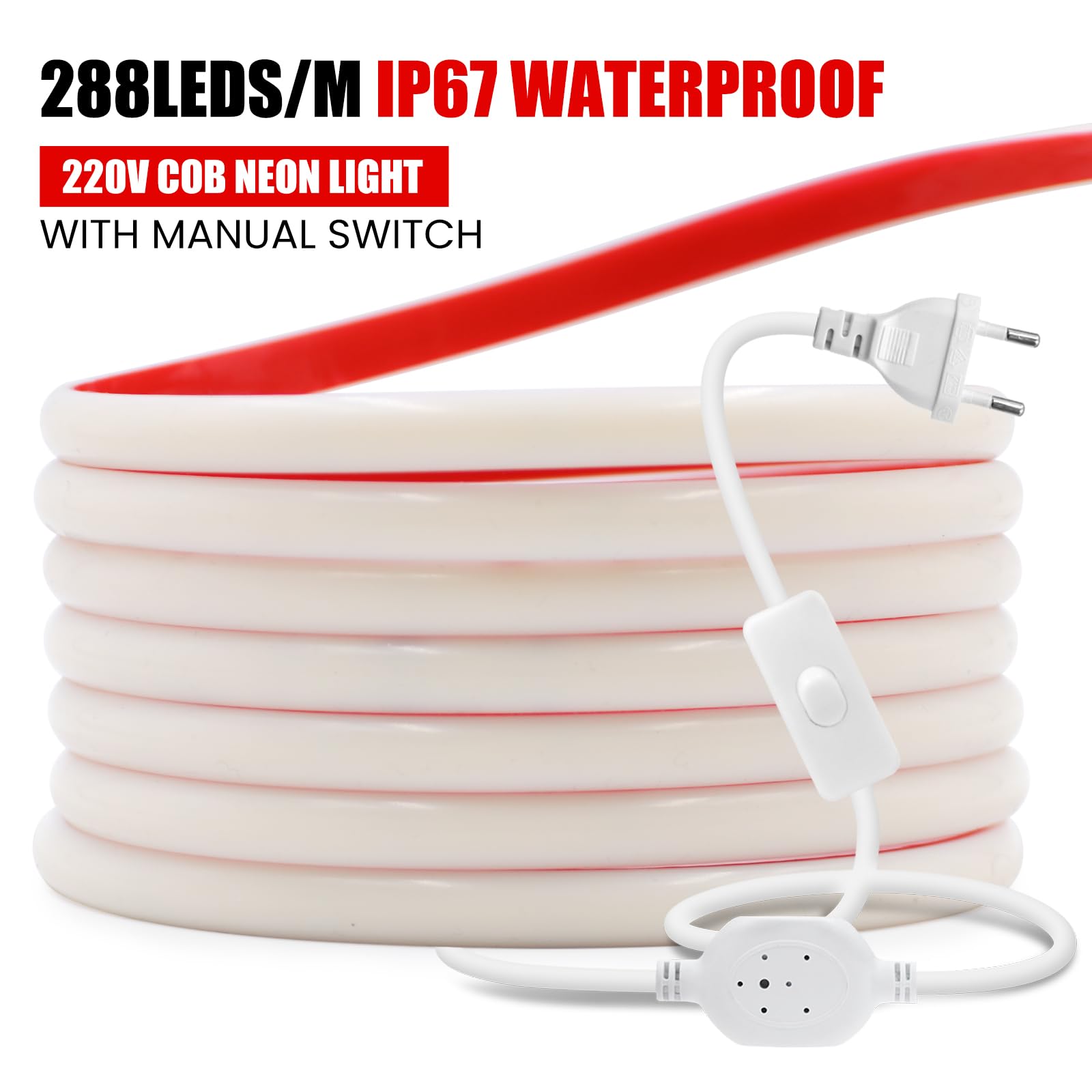 220V Tira LED neón COB de silicona con encendido/apagado [50M,Blanco 6000-6500K],flexible e impermeable IP65,288 LEDs/m Tira LED FCOB recortable CRI85+,iluminación para hogar/tienda