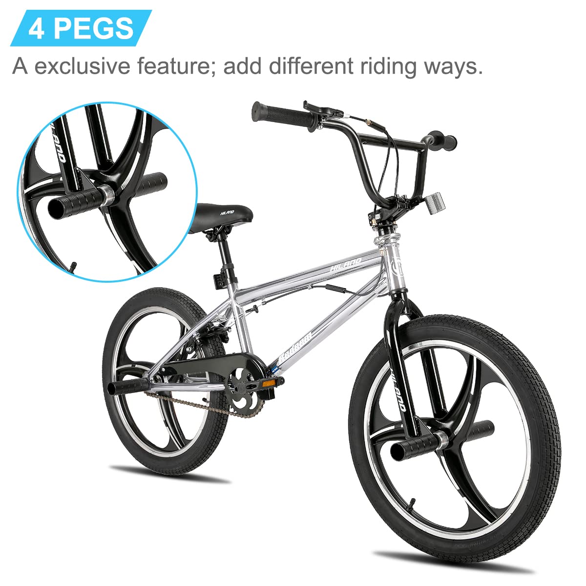 HILAND Bicicletta BMX da 20 pollici a 3 raggi, rotore da 360 gradi per stili Libero, bicicletta BMX a 4 perni per Allenamento e acrobazie, Argento