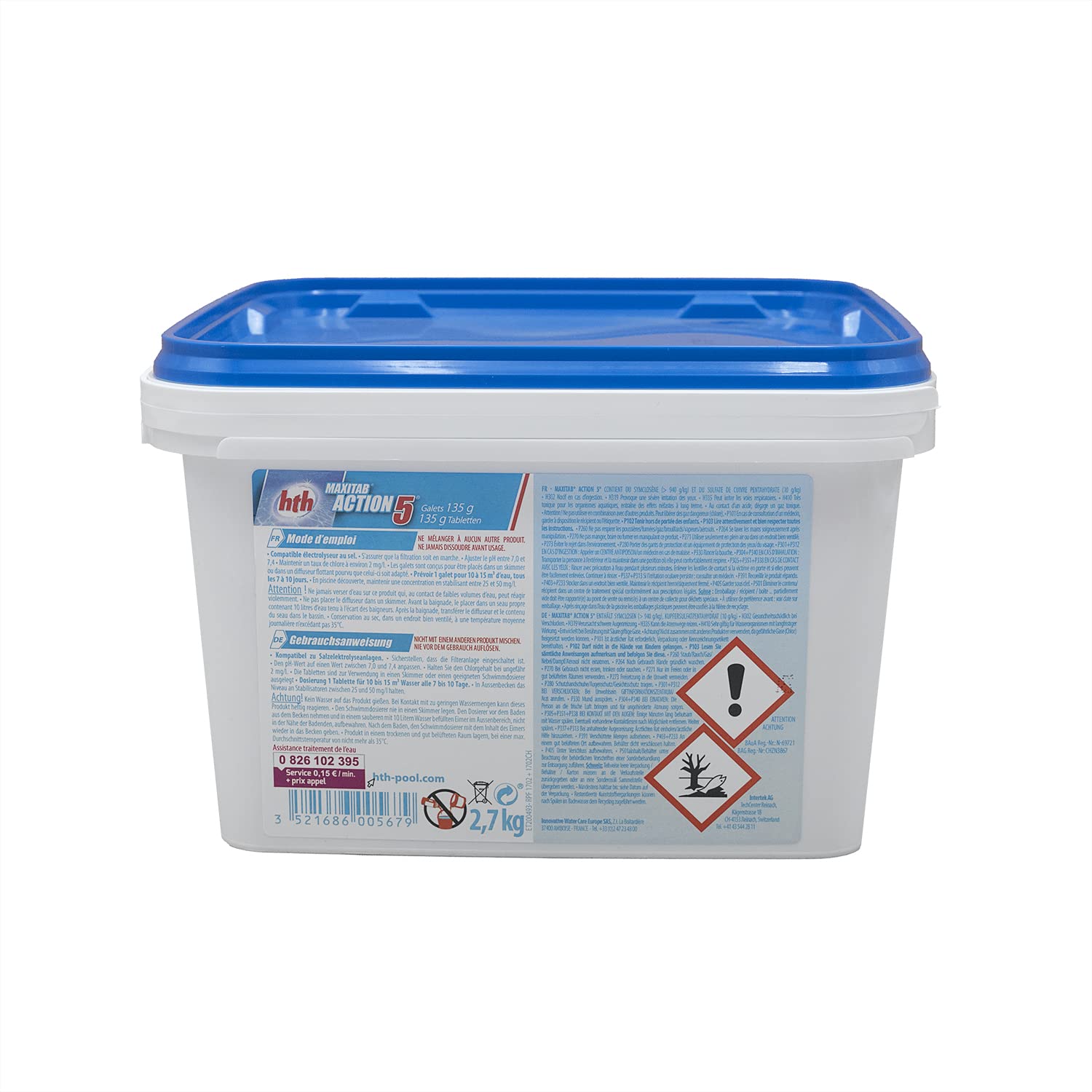 HTH MAXITAB Action 5 Galet 135g - 2,7kg | Chlore Lent Stabilisé Multiaction - Désinfection Régulière Multifonction - Dissolution Lente + 10 Tests HPS OFFERTS 6 en 1