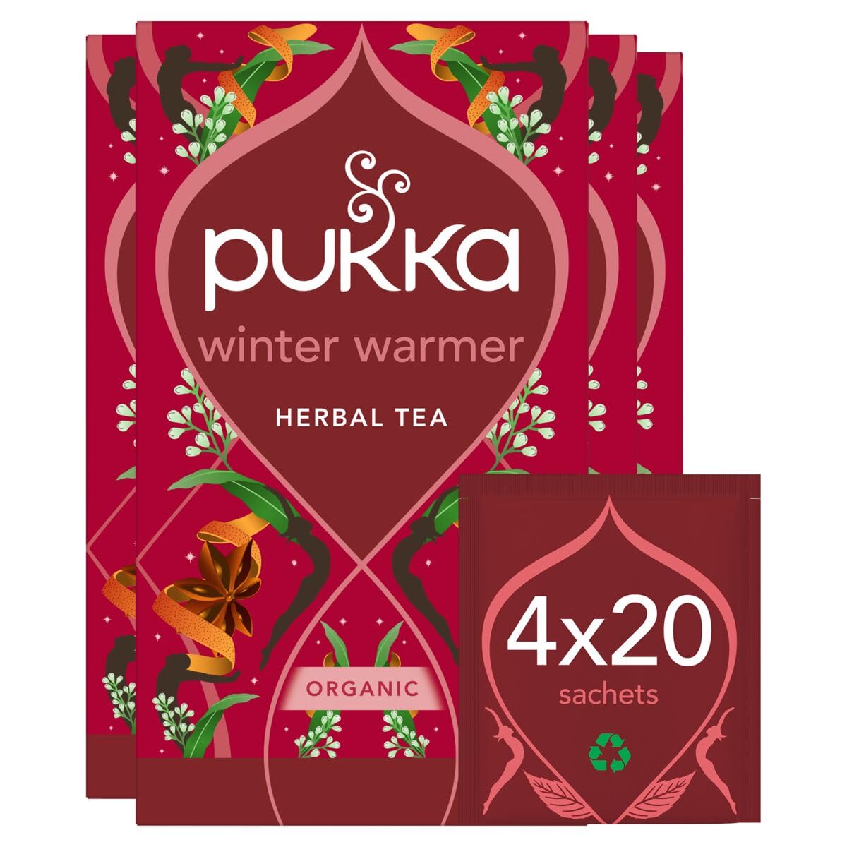 Pukka Herbs | Winter Warmer Organic Herbal Tea | Limited Edition | Ginger, Cinnamon, Clove, Orange | Perfect For Festive Spirit | 4 packs | 80 Sachets